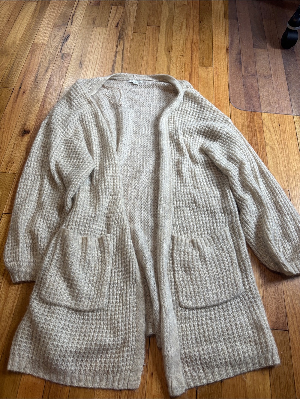 American Eagle Outfitters Cream Waffle-Knit Open-Front Duster Cardigan